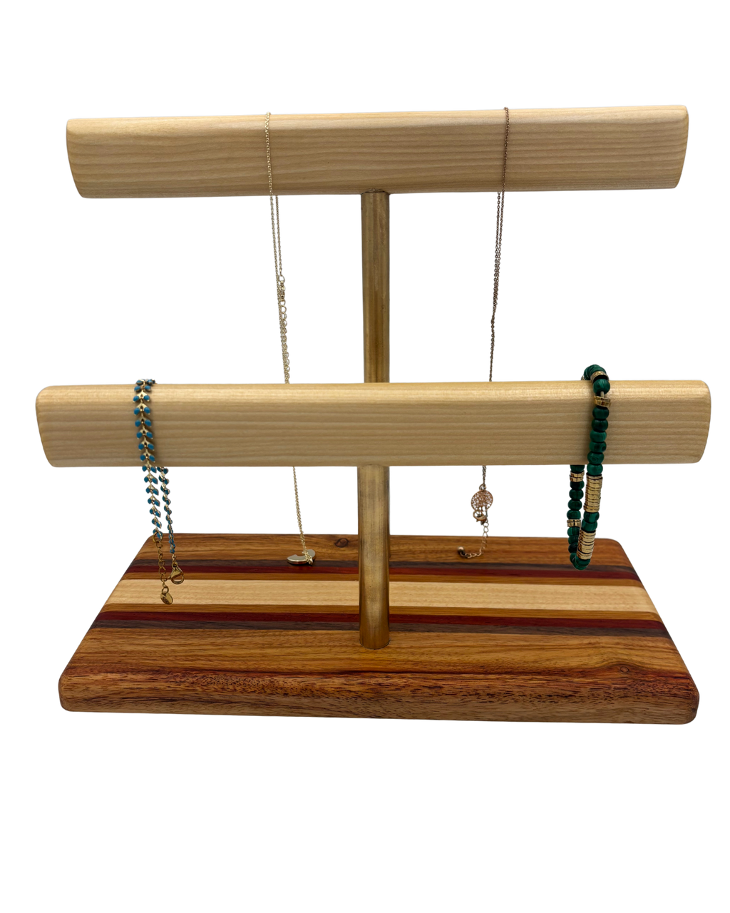 A wooden jewelry display stand with two horizontal bars mounted on a striped wood base, shown against a plain white background.