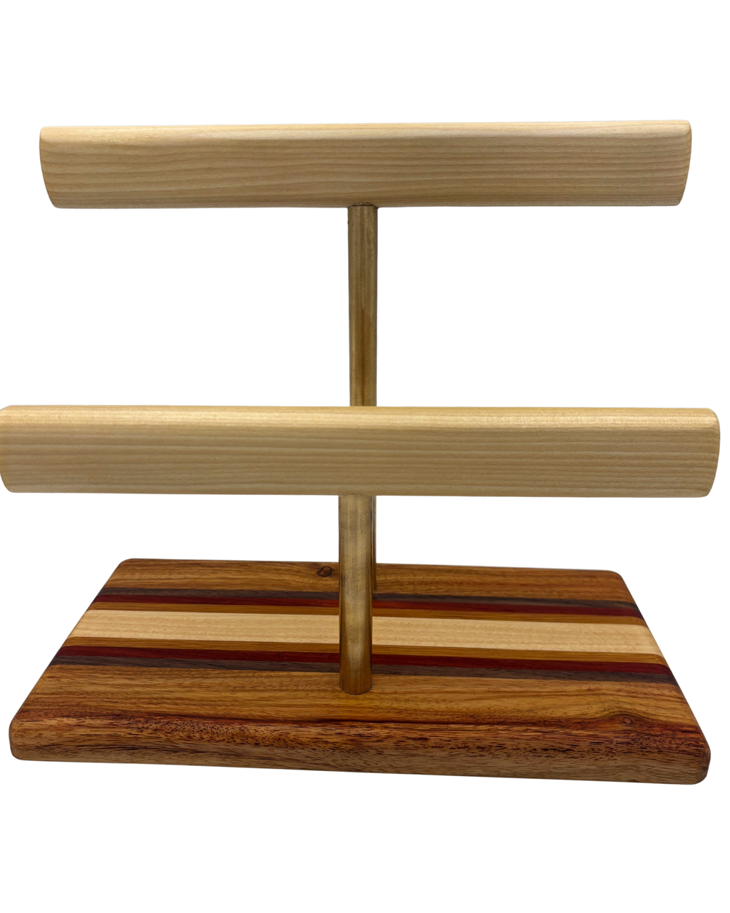 A wooden jewelry display stand with two horizontal bars mounted on a striped wood base, shown against a plain white background.