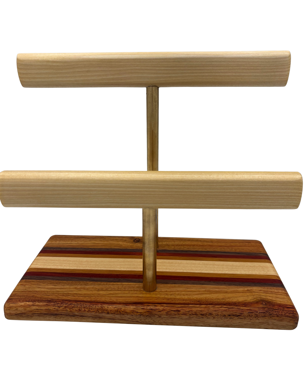 A wooden jewelry display stand with two horizontal bars mounted on a striped wood base, shown against a plain white background.