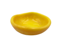 A small, shallow, asymmetrical yellow bowl with a smooth, glossy finish, isolated on a white background.